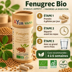 Fenugrec Bio 60 gélules Ayur-Vana avec guide d'utilisation et certifications AB Vegan pour appétit digestion