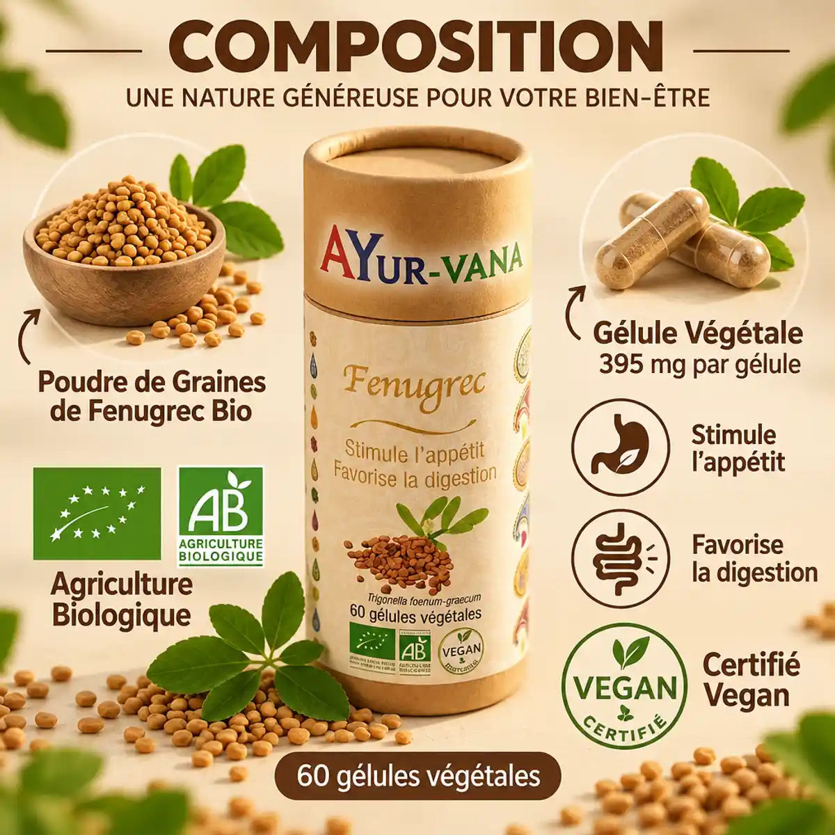 Fenugrec Bio 60 gélules Ayur-Vana - Composition, ingrédients et certifications biologiques vegan