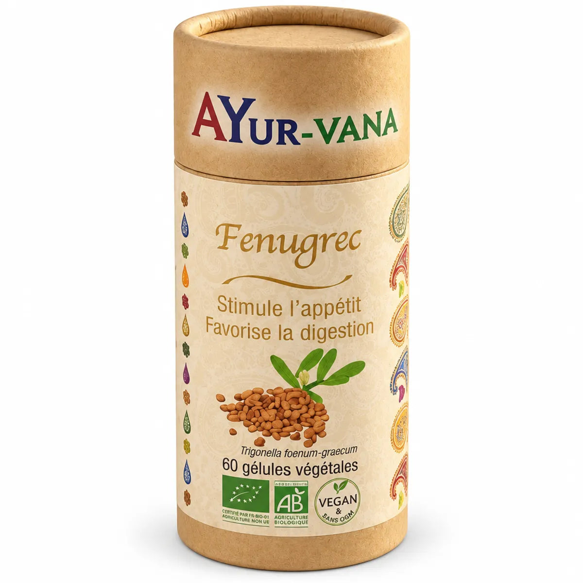 Fenugrec Bio 60 gélules Ayur-Vana, tube cardboard beige avec logo, appétit et digestion
