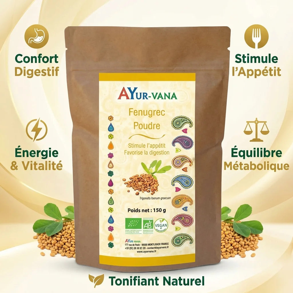 Fenugrec bio poudre 150g Ayur-Vana - Sachet kraft avec bénéfices digestifs et énergétiques