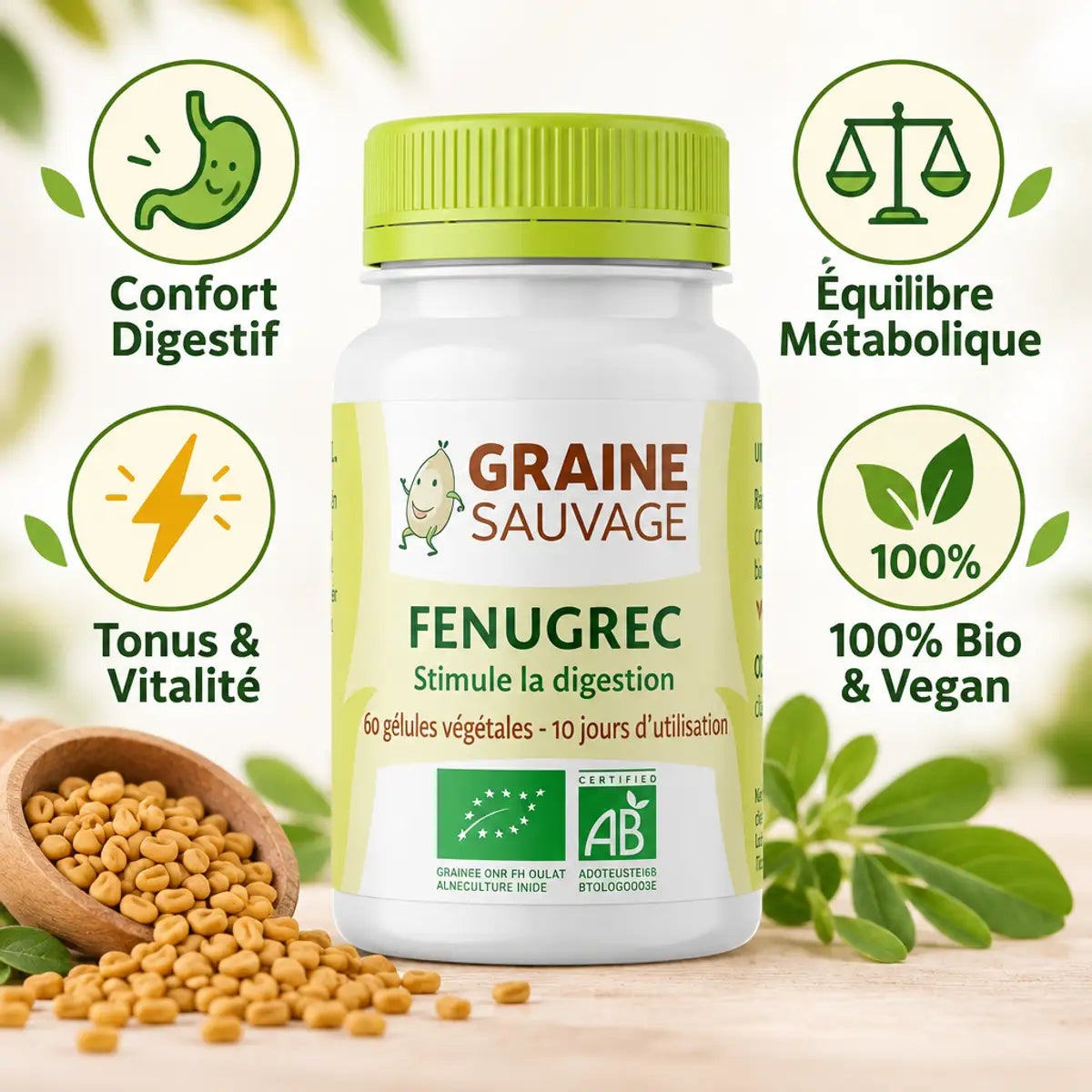 Flacon Fenugrec bio vegan Graine Sauvage avec icônes bénéfices : digestion, métabolisme, vitalité