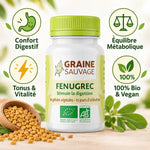 Flacon Fenugrec bio vegan Graine Sauvage avec icônes bénéfices : digestion, métabolisme, vitalité