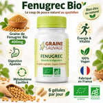 Gélules Fenugrec bio vegan Graine Sauvage avec posologie et certifications, fond blanc