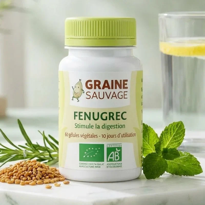 Graine Sauvage Fenugrec bio vegan en gélules avec graines et herbes sur marbre