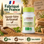 Gélules Fenugrec bio vegan Graine Sauvage sur établi bois artisanal français avec graines