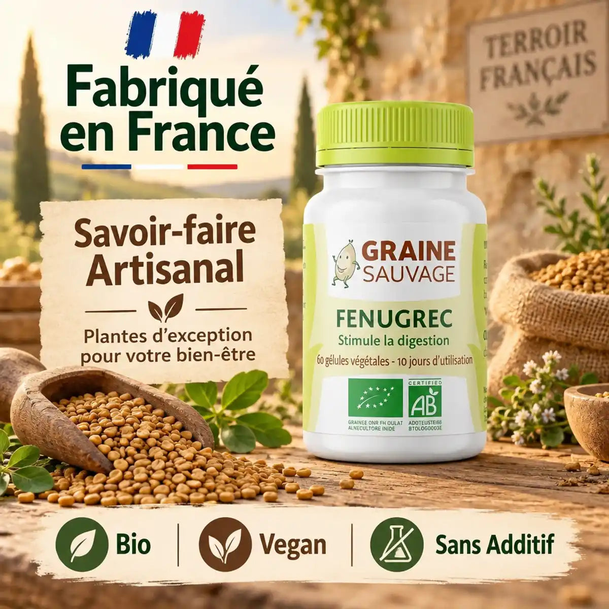 Gélules Fenugrec bio vegan Graine Sauvage sur établi bois artisanal français avec graines