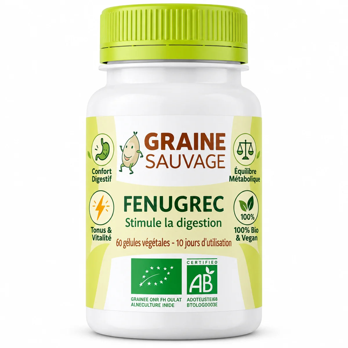 Bouteille Fenugrec bio vegan Graine Sauvage avec bouchon vert et certification écologique
