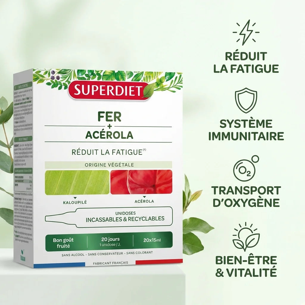 Fer Acérola 20 unidoses Superdiet - Packaging avec icônes bénéfices santé et vitalité