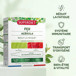 Fer Acérola 20 unidoses Superdiet - Packaging avec icônes bénéfices santé et vitalité