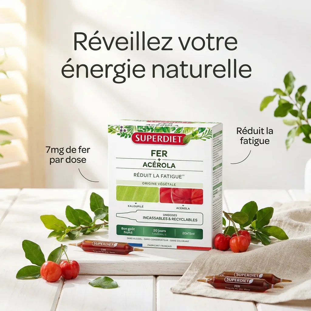Superdiet Fer Acérola 20 unidoses avec fruits frais, 7mg de fer, réduit la fatigue naturellement