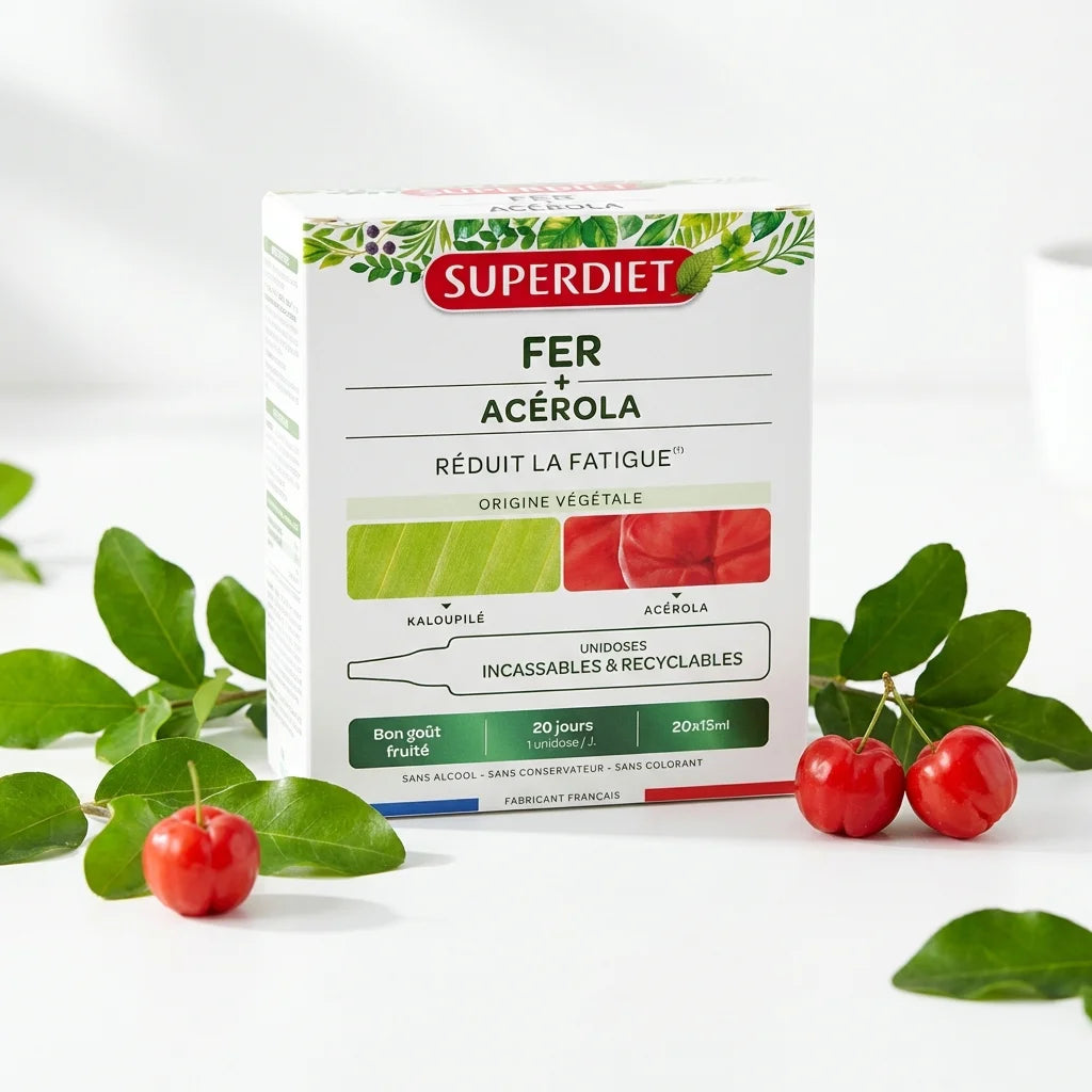 Superdiet Fer Acérola 20 unidoses avec fruits rouges et feuilles vertes pour l'énergie