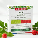Superdiet Fer Acérola 20 unidoses avec fruits rouges et feuilles vertes pour l'énergie
