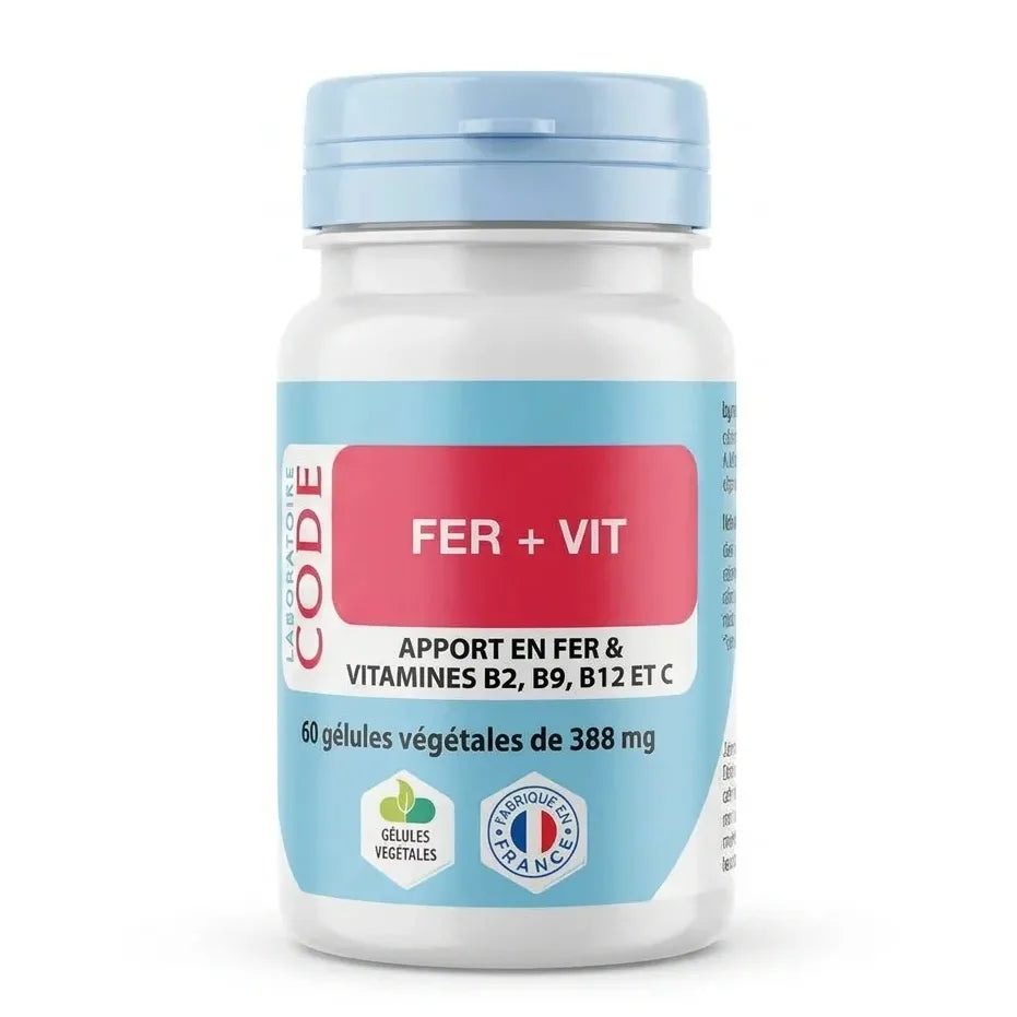 Complément alimentaire Fer + Vit 60 gélules Laboratoire Code sur fond blanc