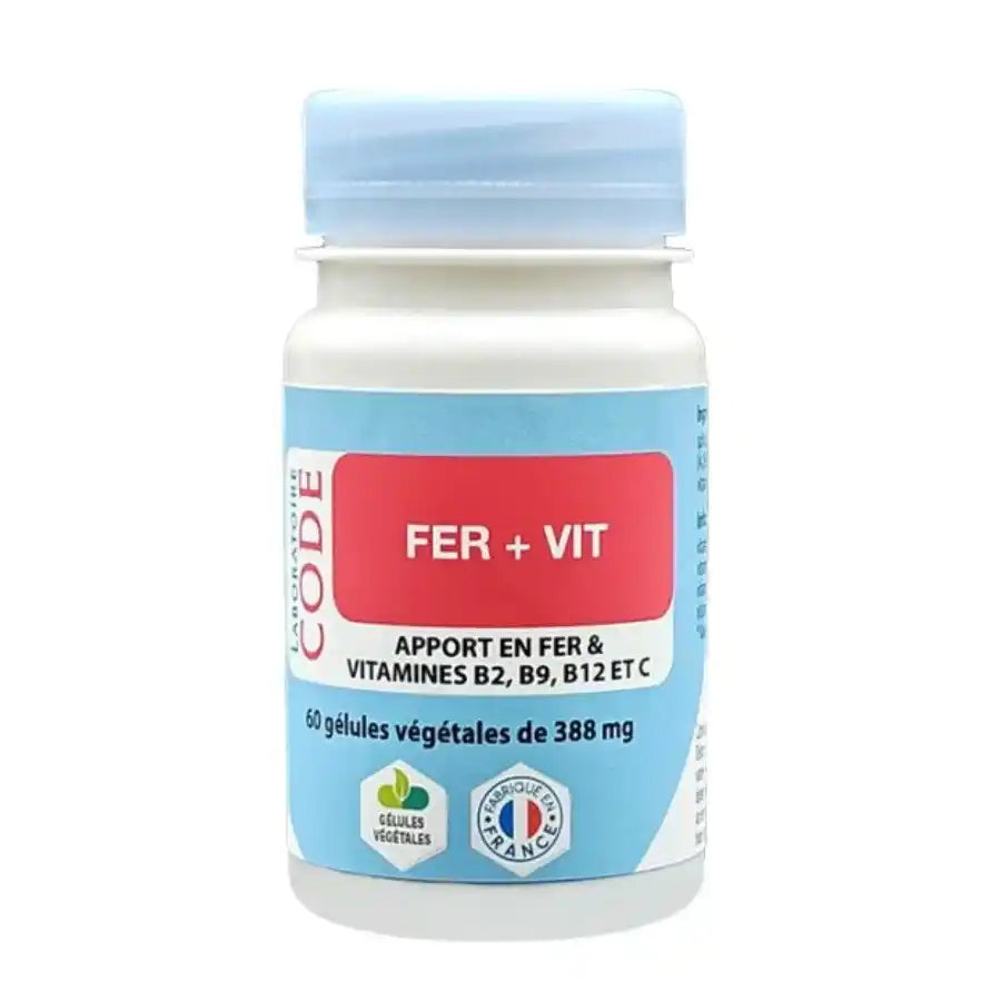 Fer + Vit, idéal pour un apport en fer et vitamines. Boîtes de 60 gélules végétales de la marque laboratoire Code. 