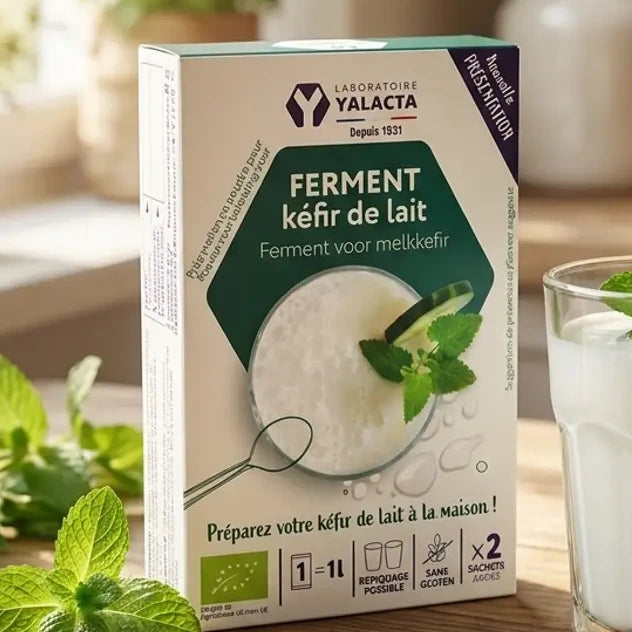Ferment Kéfir de lait bio Yalacta en sachet avec verre de kéfir frais sur plan de travail