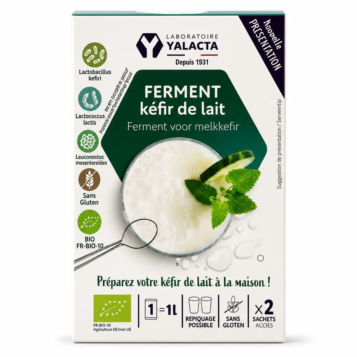 Ferment Kéfir de lait bio Yalacta 2 sachets avec certification FR-BIO-10 et symbole sans gluten