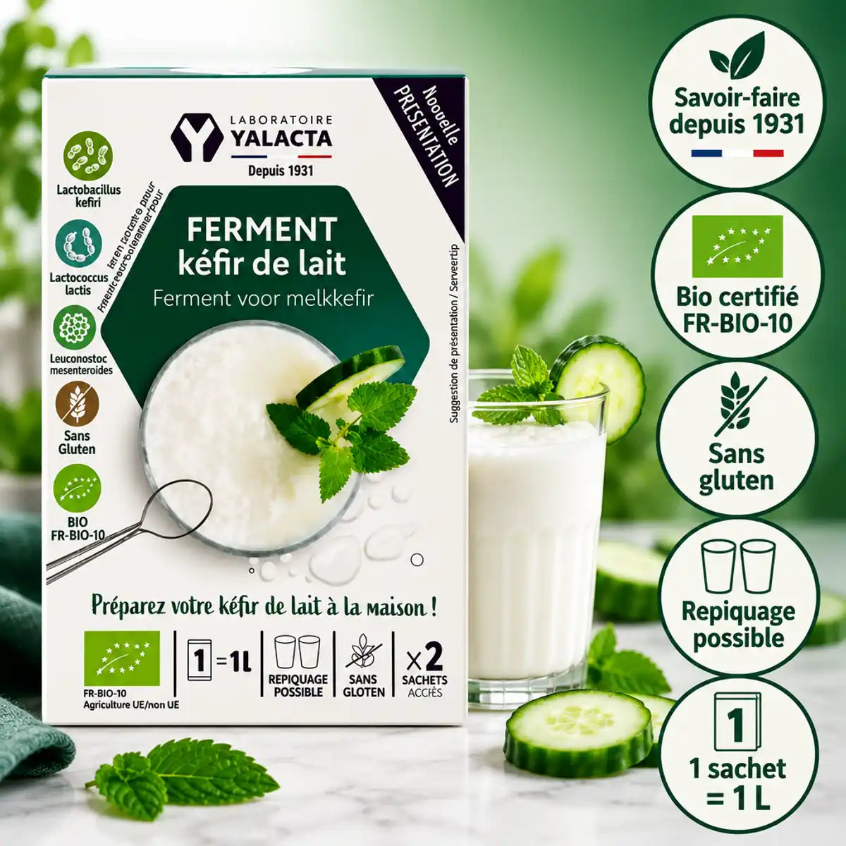 Ferment kéfir de lait bio Yalacta en sachets, à côté d'un verre de kéfir crémeux garni de concombre et menthe, avec badges Bio et sans gluten