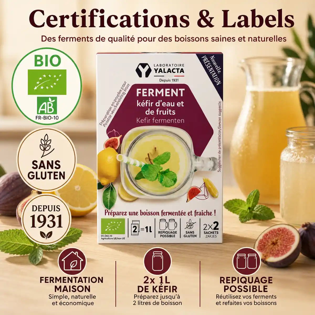 Ferment kéfir d'eau et fruits bio Yalacta - sachet certifié AB avec mentions sans gluten