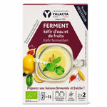 Ferment pour kéfir d'eau bio Yalacta en sachets, packaging hexagonal bordeaux et crème