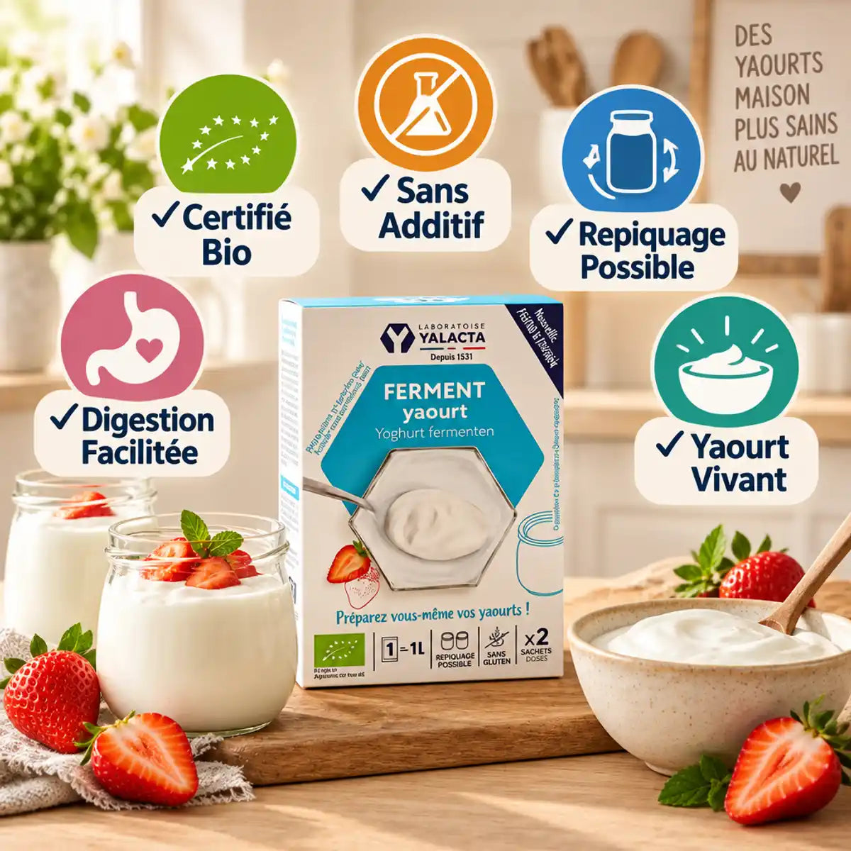Ferment yaourt bio Yalacta en sachets avec bénéfices : certifié bio, sans additif, digestion facilitée