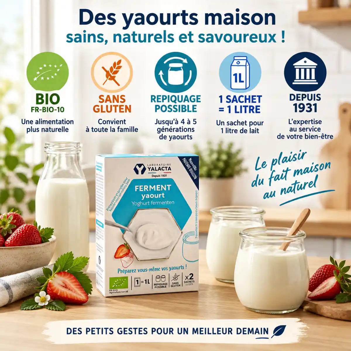 Sachet ferment yaourt bio Yalacta avec pots de yaourt maison, lait et fraises