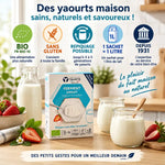 Sachet ferment yaourt bio Yalacta avec pots de yaourt maison, lait et fraises