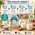 Ferment yaourt bio Yalacta sachets avec étapes de préparation et yaourts faits maison