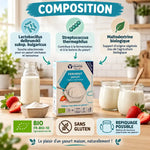 Ferment yaourt bio Yalacta en sachets avec composition et certifications, pots de yaourt maison et fruits frais