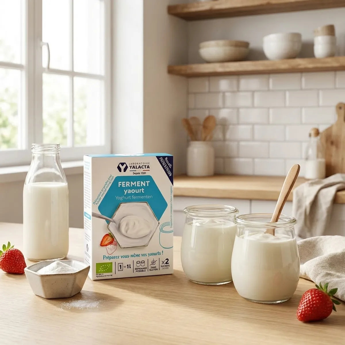 Sachets de ferment yaourt bio Yalacta avec lait frais et yaourt maison en pots verre