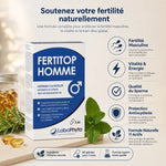 Fertitop Homme 60 gélules boîte avec infographie bénéfices fertilité masculine et formule naturelle
