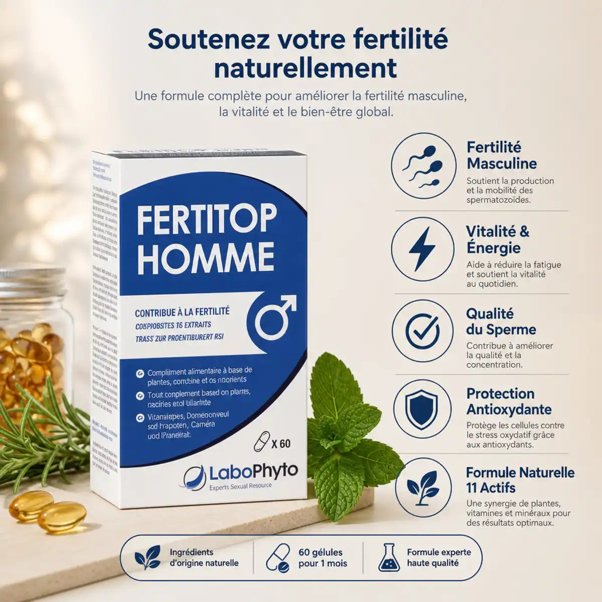 Fertitop Homme 60 gélules boîte avec infographie bénéfices fertilité masculine et formule naturelle