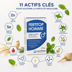 Fertitop Homme 60 gélules avec ses 11 ingrédients actifs : Zinc, Sélénium, Vitamines B et acides aminés pour la fertilité