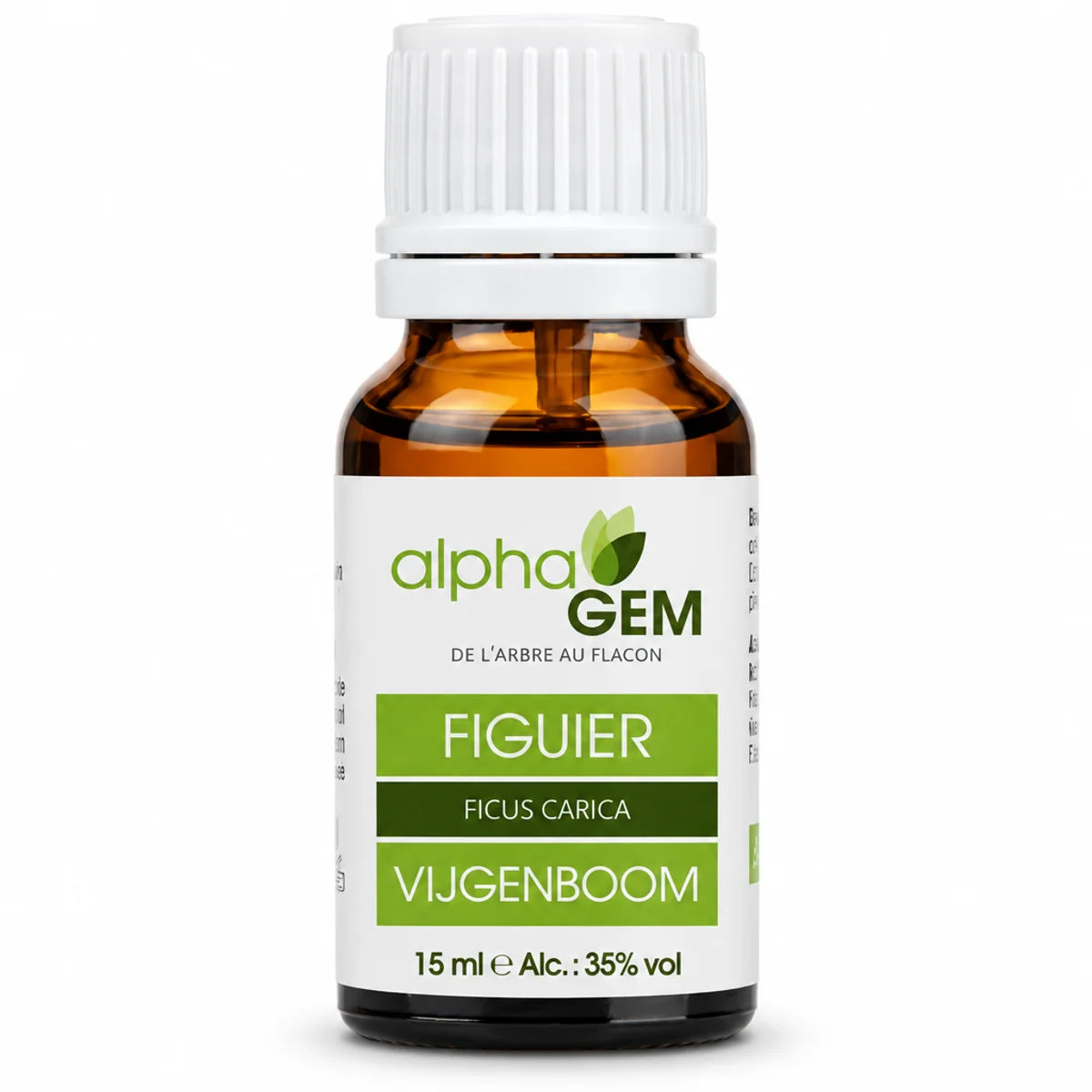 Flacon en verre ambré de 15 ml d'alphaGEM Figuier Bio, étiquette blanche avec feuilles vertes, sur fond blanc