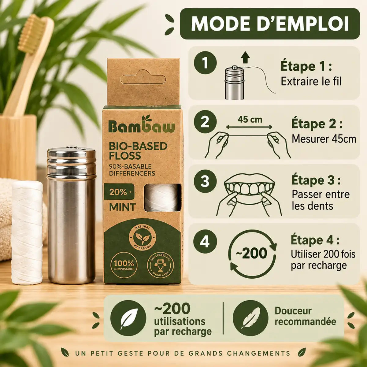 Fil dentaire Bambaw 50m en PLA avec guide d'utilisation en 4 étapes sur fond bois naturel