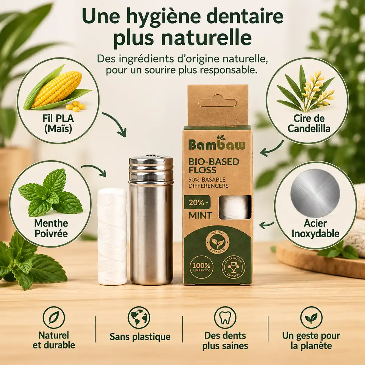 Fil dentaire écologique Bambaw en PLA avec distributeur acier inoxydable et recharge 50m