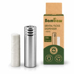 Distributeur fil dentaire PLA Bambaw avec recharge 50m sur fond blanc