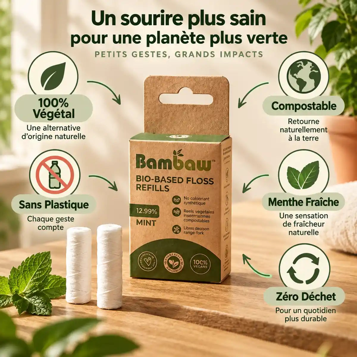 Bambaw fil dentaire recharges PLA végétal compostable sans plastique menthe fraîche zéro déchet