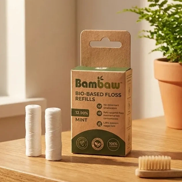 Fil dentaire en PLA Bambaw recharges 2x50M sur vanité avec accessoires écologiques