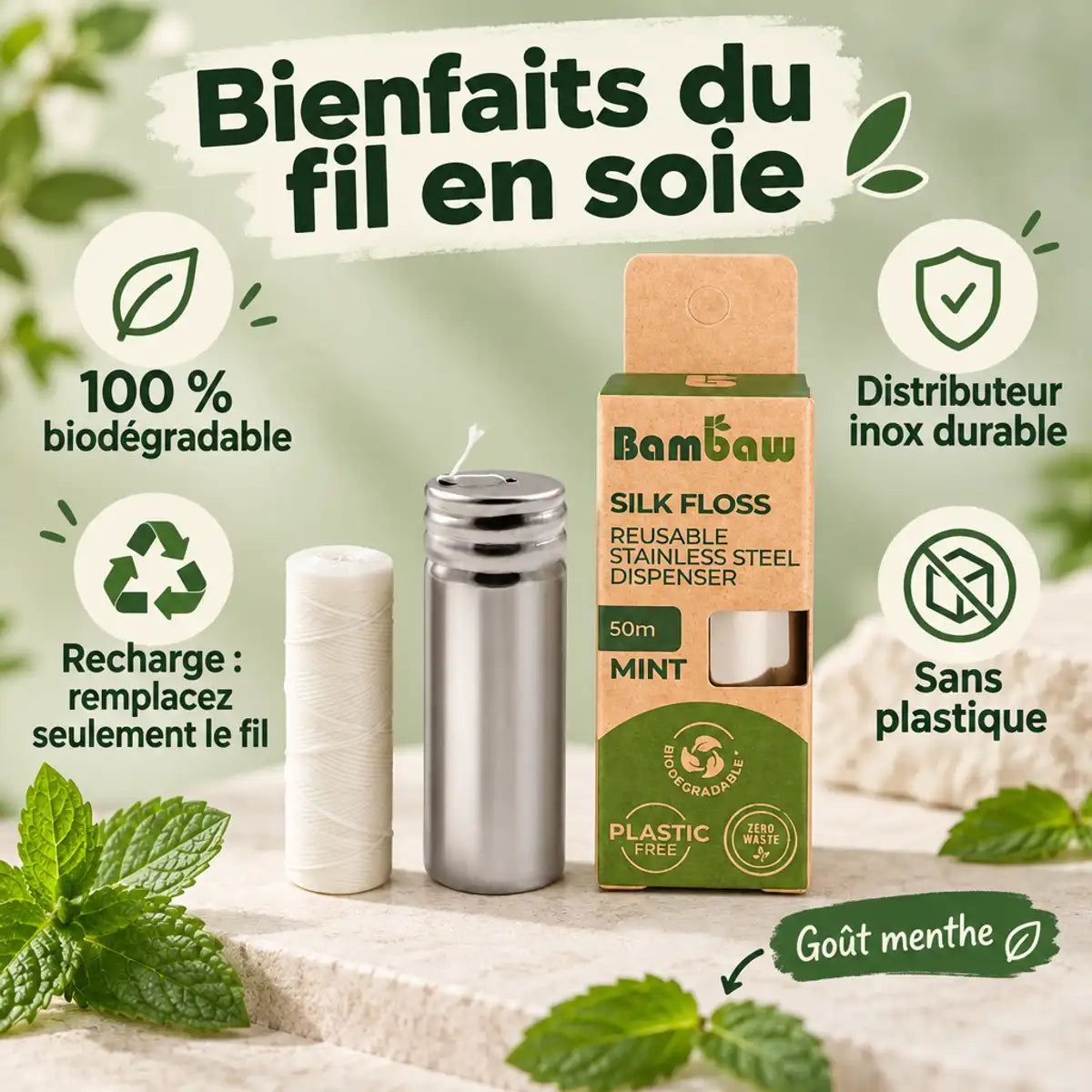 Fil dentaire en soie Bambaw dans son distributeur inox, avec recharge et boîte kraft, sur fond vert sauge, infographie bienfaits