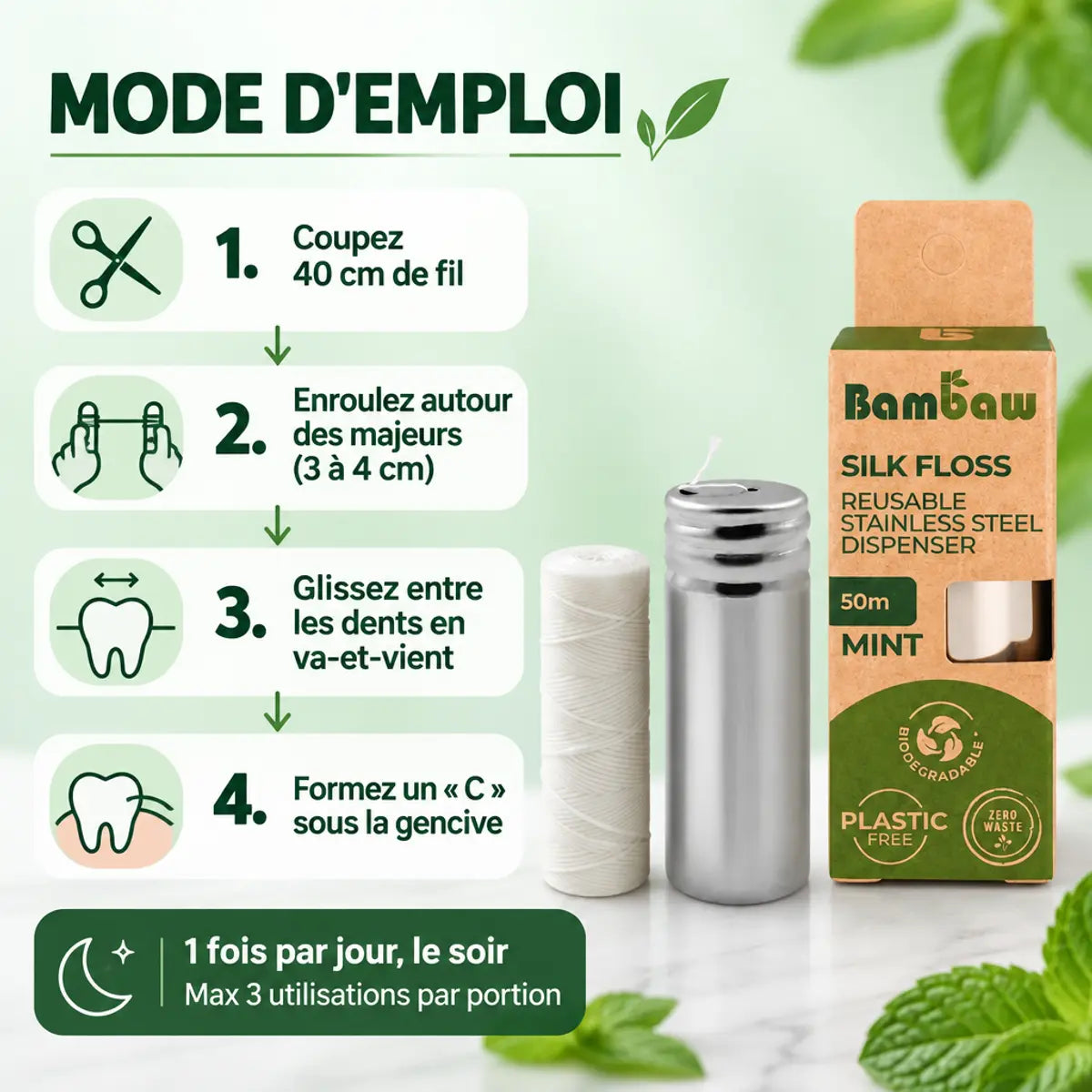 Fil dentaire en soie Bambaw avec distributeur inox, recharge et mode d'emploi en 4 étapes