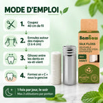 Fil dentaire en soie Bambaw avec distributeur inox, recharge et mode d'emploi en 4 étapes