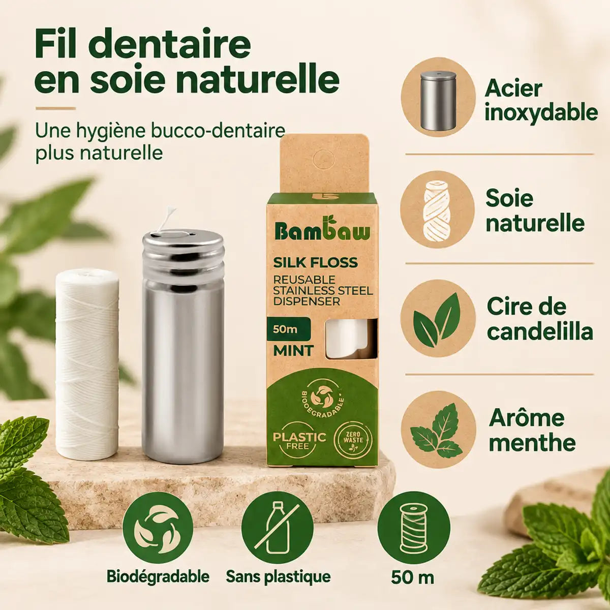 Fil dentaire en soie Bambaw avec distributeur inox, recharge 50 m, cire de candelilla, arôme menthe, sans plastique et biodégradable