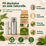 Fil dentaire en soie Bambaw avec distributeur inox, recharge 50 m, cire de candelilla, arôme menthe, sans plastique et biodégradable