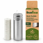Distributeur inox réutilisable et recharge de fil dentaire en soie Bambaw, 50 m, menthe, sans plastique