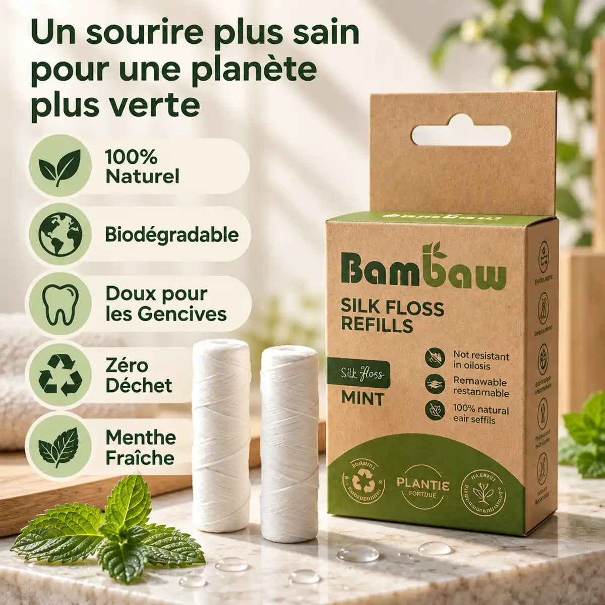 Fil dentaire soie Bambaw recharges 2x50M naturel biodégradable zéro déchet