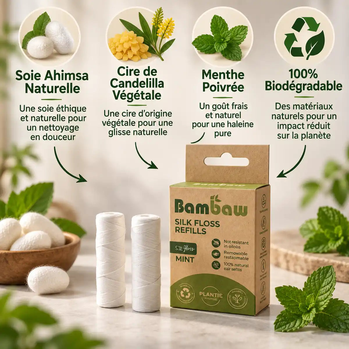 Fil dentaire soie Bambaw recharges biodégradable menthe avec ingrédients naturels