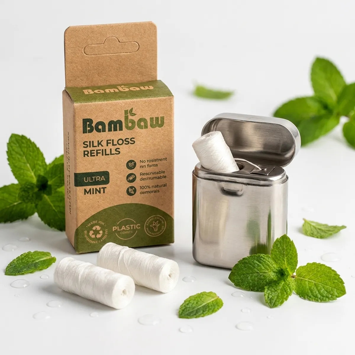 Fil dentaire en soie Bambaw recharges avec distributeur acier inoxydable écologique