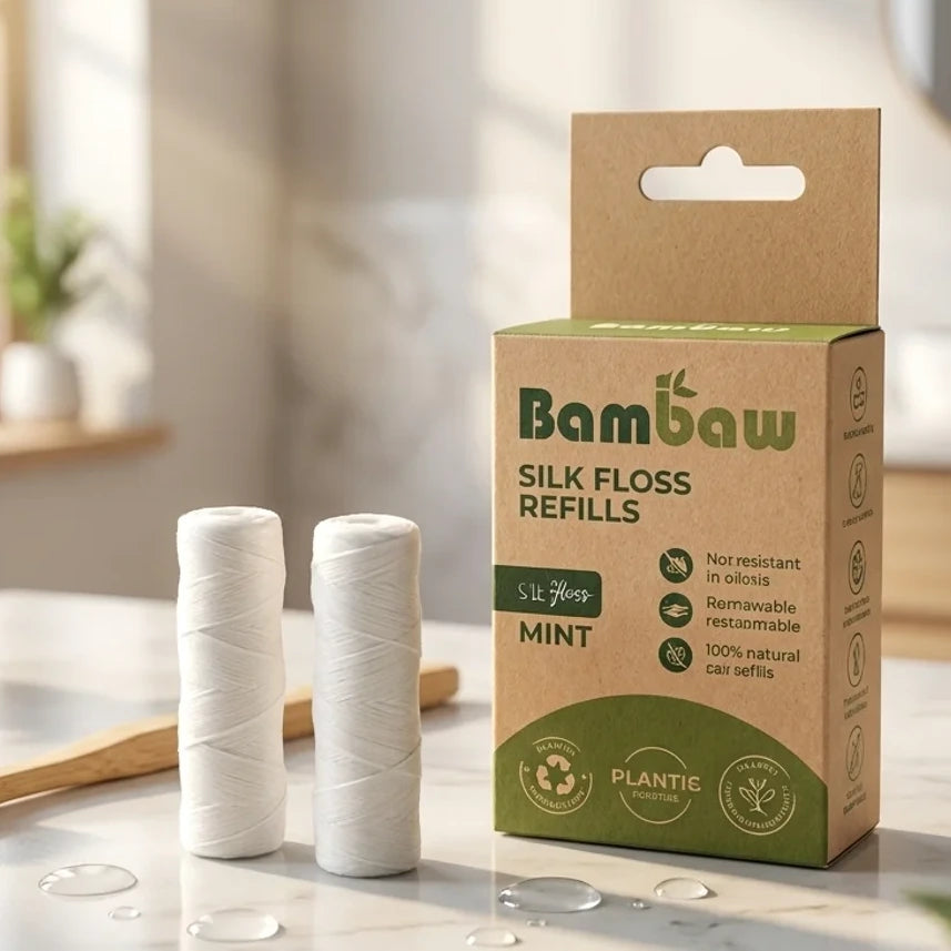 Fil dentaire en soie Bambaw recharges écologiques sur marbre avec brosse bambou