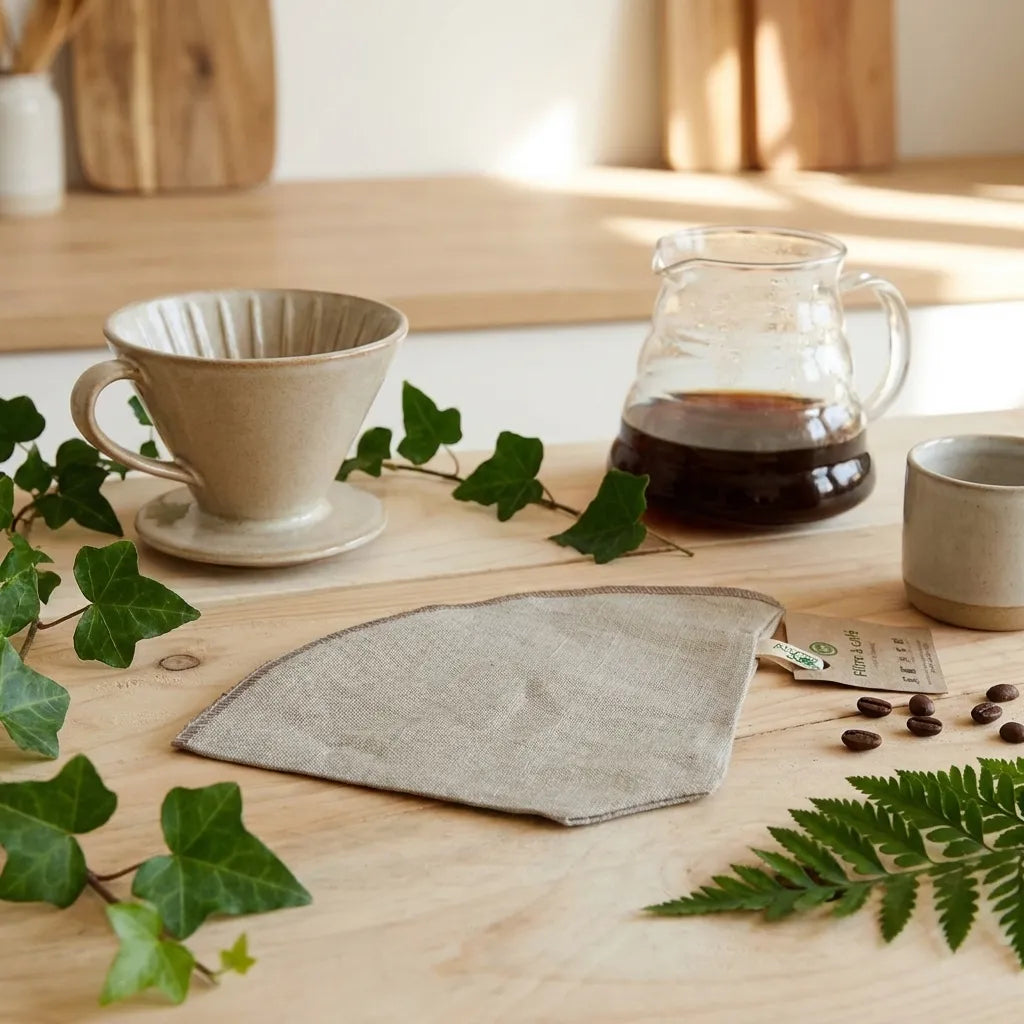 Filtre à café en lin bio Angie Be Green sur bois naturel avec feuilles vertes