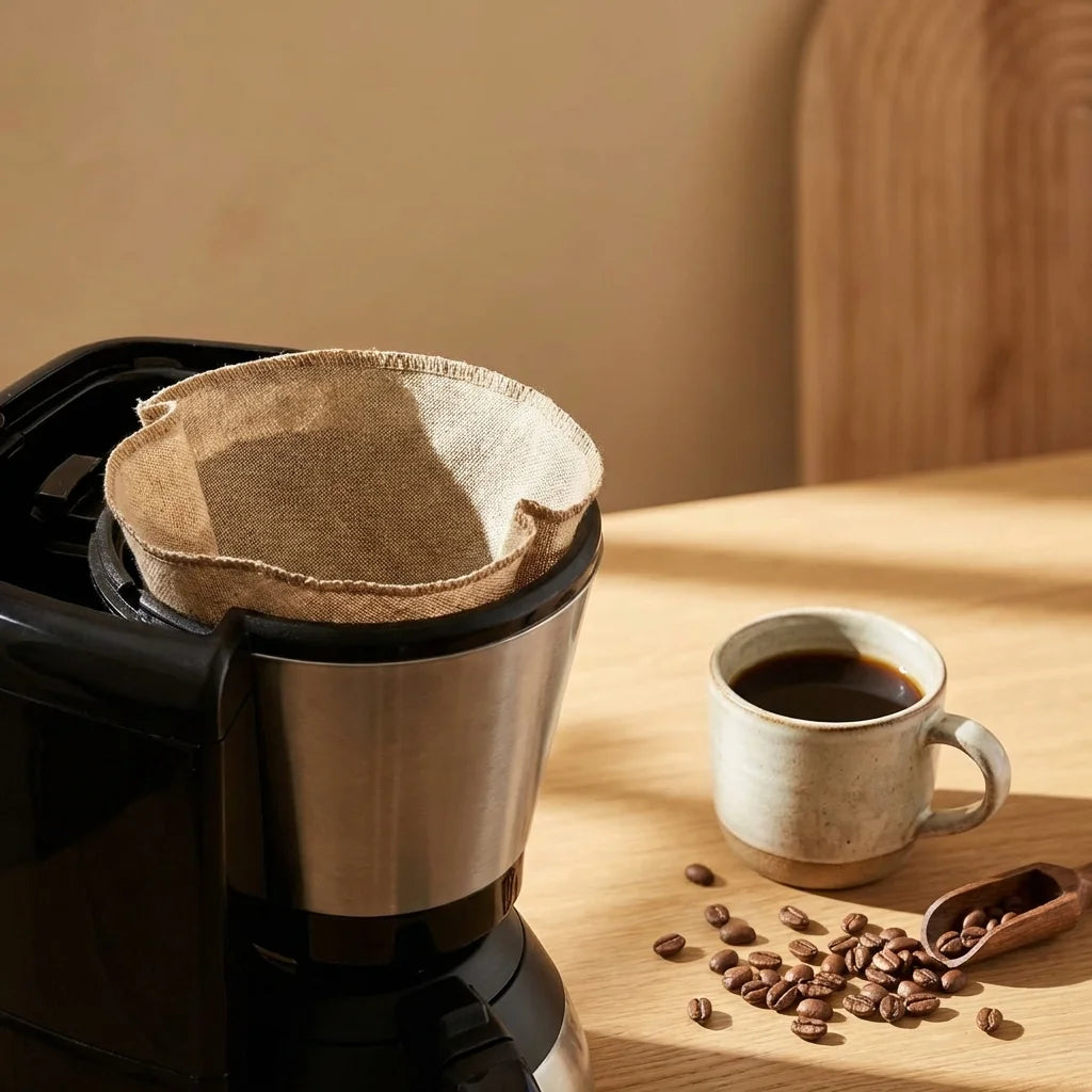 Filtre à café en lin bio Angie Be Green avec tasse et grains de café sur table bois